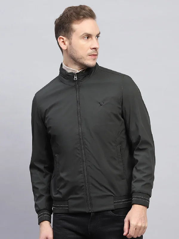 Overstock Men Olive Solid Mock Neck Full Sleeve Jacket