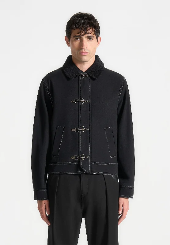Massive Deal Clasp Detail Contrast Stitch Gabardine Jacket - Black