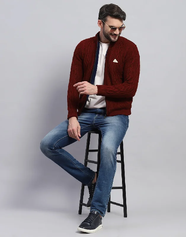 Last Chance Men Maroon Self Design Turtle Neck Full Sleeve Jacket
