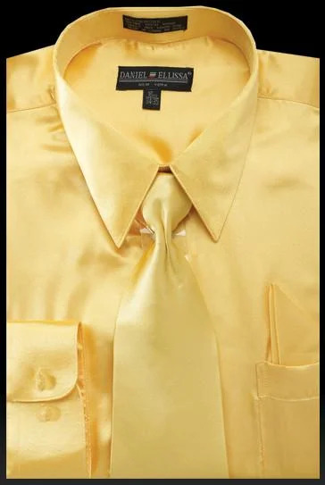 Mega Sale Men's Light Gold Satin Dress Shirt with Tie & Handkerchief