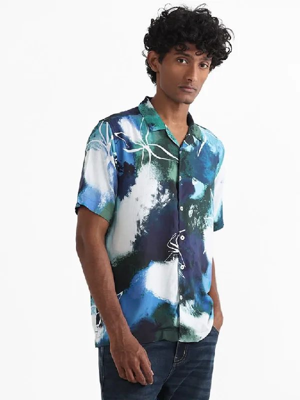 Exclusive Online Offer Nuon Navy Blue and White Multicolored Printed Relaxed-Fit Shirt