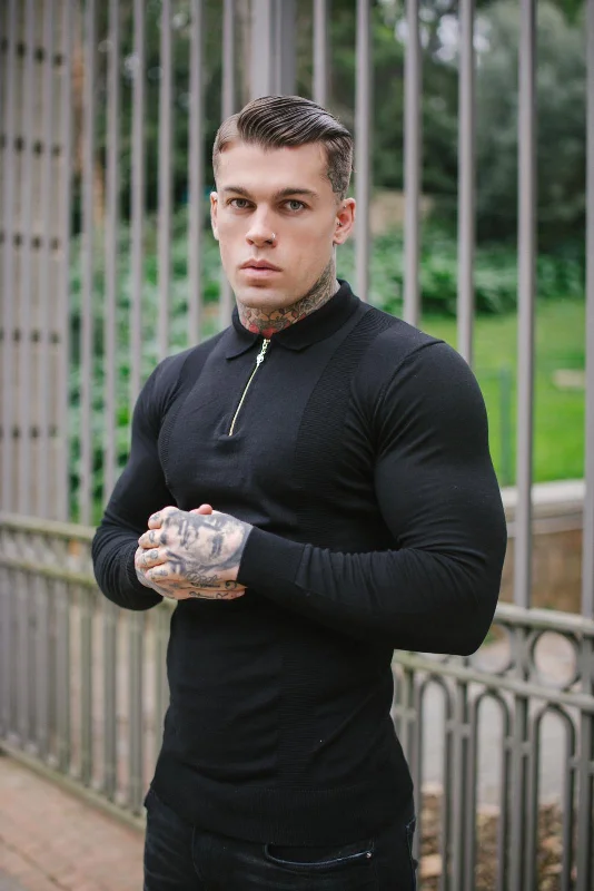 Weekend Bargains Await You Father Sons Classic Black and Gold Zip Knitted Long Sleeve Polo Shirt - FSH564 Weekend Bargains Await You Father Sons Classic Black and Gold Zip Knitted Long Sleeve Polo Shirt - FSH564