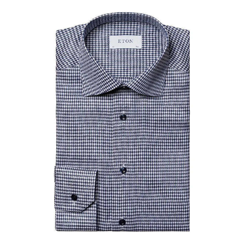 Blowout Sale Navy Blue Houndstooth Signature Twill Shirt Slim Fit- ETON