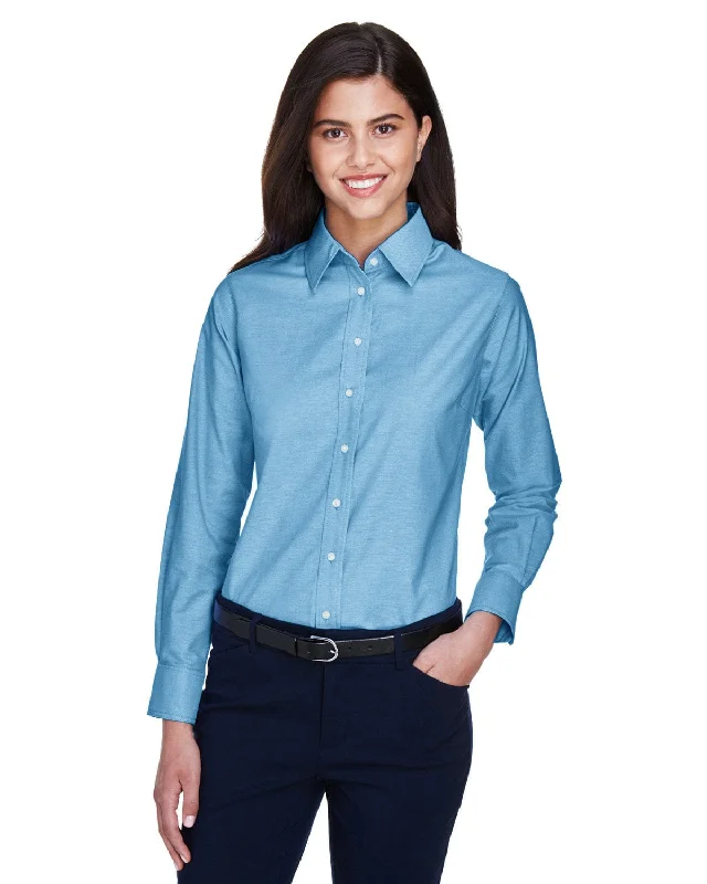 Price Cut Harriton Ladies Long Sleeve Oxford with Stain-Release | Light Blue