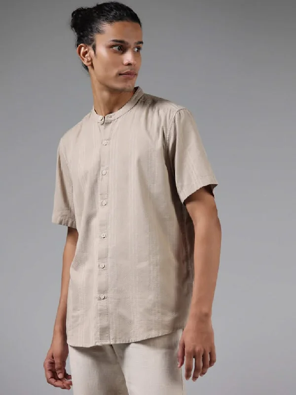 Bonus Offer ETA Taupe Self Textured Cotton Blend Resort-Fit Shirt