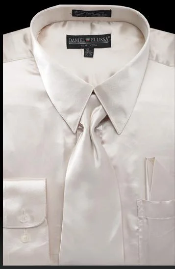 Hurry In Men's Beige Satin Dress Shirt with Tie & Handkerchief