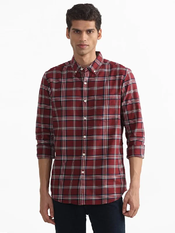 Value Deals WES Casuals Checked Wine Relaxed-Fit Shirt
