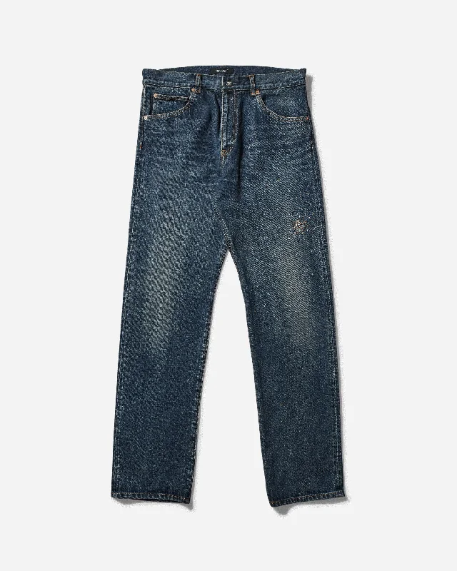 Early Access Men's Cross Embroidery Distressed Denim Pants Light Blue Indigo