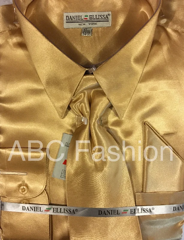 Markdowns Men's Gold Taupe Satin Dress Shirt with Tie & Handkerchief