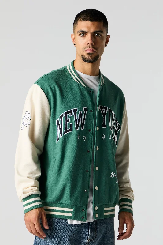 Weekend Savings Extravaganza City Embroidered Fleece Varsity Jacket