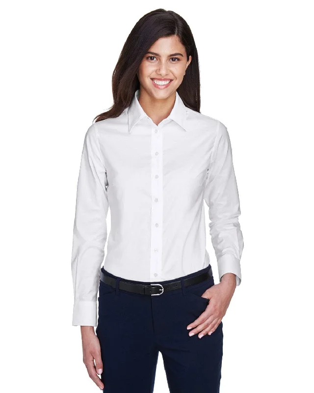 Discount Mania Harriton Ladies Long Sleeve Oxford with Stain-Release | White