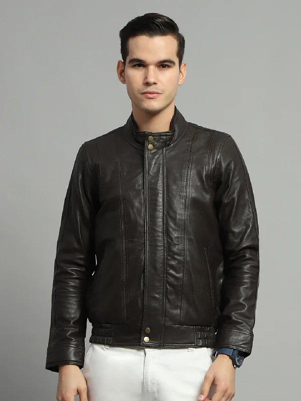 Weekend Bargains to Snag Men Brown Solid Mock Neck Full Sleeve Jacket