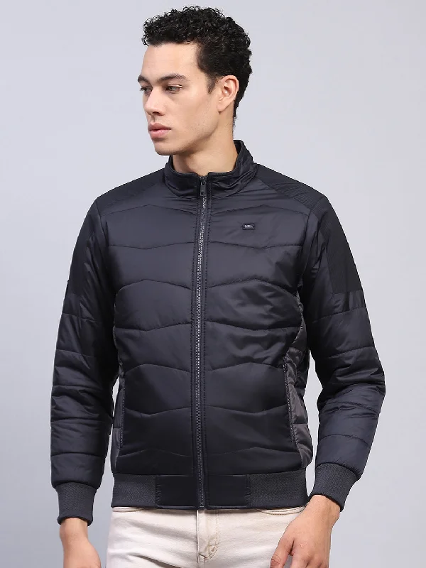 Buy Now Men Navy Blue Solid Mock Neck Full Sleeve Jacket