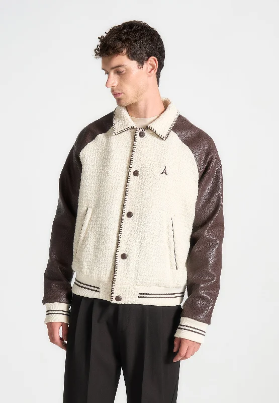 Weekend-Only Price Drops Tweed & Leather Varsity Jacket - Cream/Brown