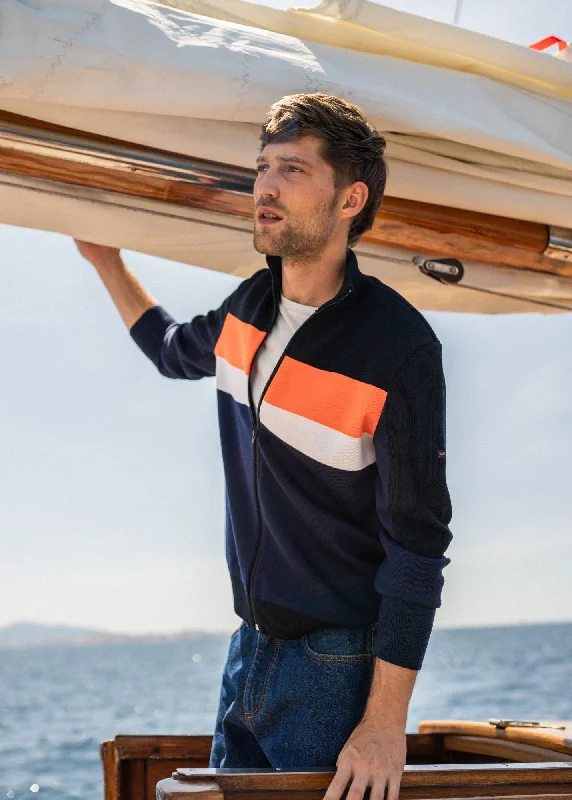 Year-End Deals BARNEVILLE - Full-Zip Knit Cardigan for Men | 100% Wool (DARK BLUE / NAVY / NEON ORANGE / WHITE)