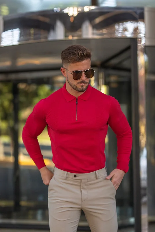 Limited Supply Father Sons Classic Poppy Red and Black Zip Knitted Long Sleeve Polo Shirt - FSH567 Limited Supply Father Sons Classic Poppy Red and Black Zip Knitted Long Sleeve Polo Shirt - FSH567