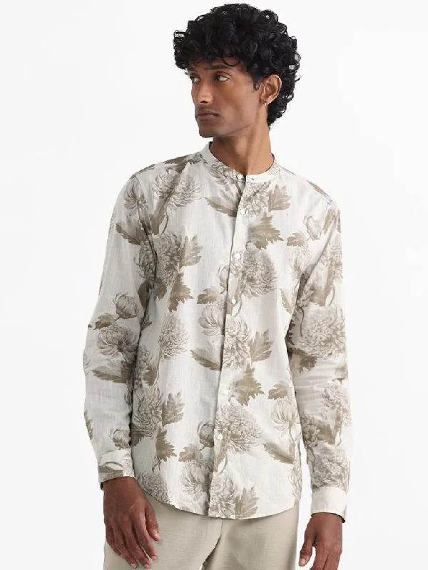 Weekend Discounts to Enjoy ETA Taupe Printed Floral Cotton Relaxed-Fit Shirt