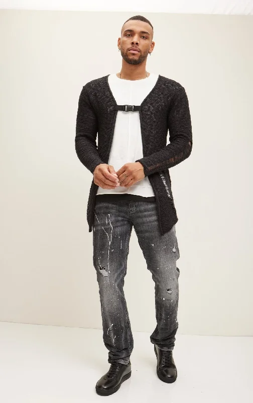 Steals and Deals Buckled Long Cardigan - Black White