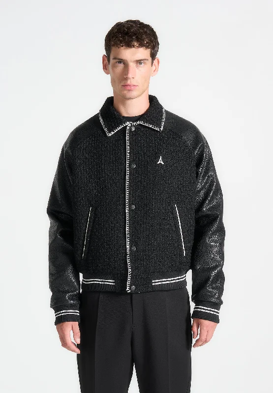 Weekend Savings Spectacular Tweed & Leather Varsity Jacket - Black