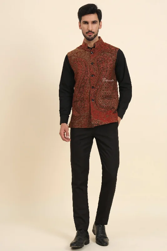 Exclusive Offer Pashtush Mens Woven Jacquard Waistcoat, Structured Slim Fit, Brown