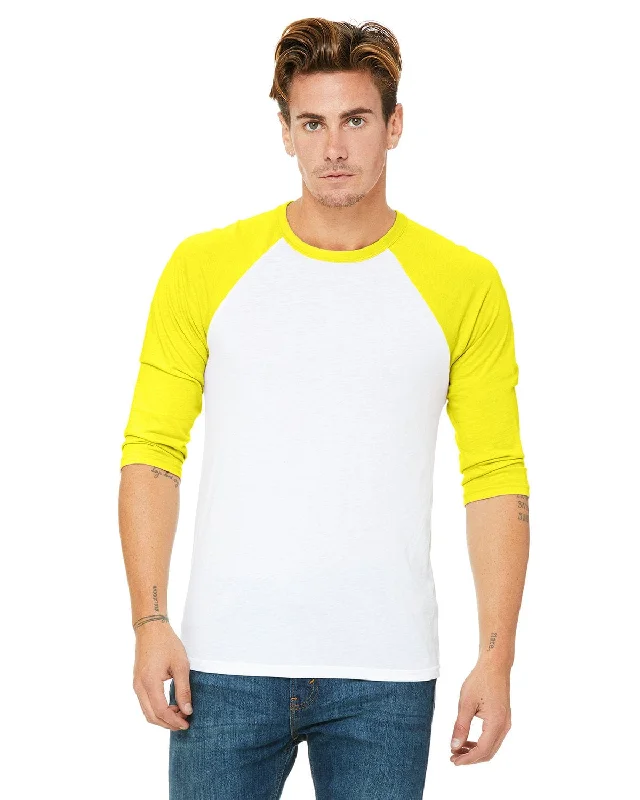 Weekend Bargains to Snag Bella+Canvas Unisex Triblend 3/4-Sleeve Baseball T-Shirt | Wht/ Neon Yellow Weekend Bargains to Snag Bella+Canvas Unisex Triblend 3/4-Sleeve Baseball T-Shirt | Wht/ Neon Yellow