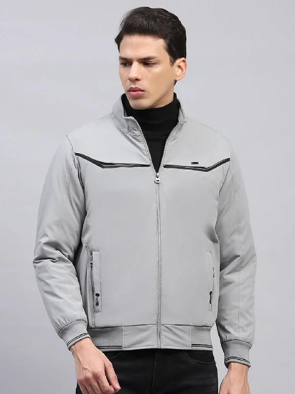 Deal of the Day Men Grey Solid Mock Neck Full Sleeve Jacket