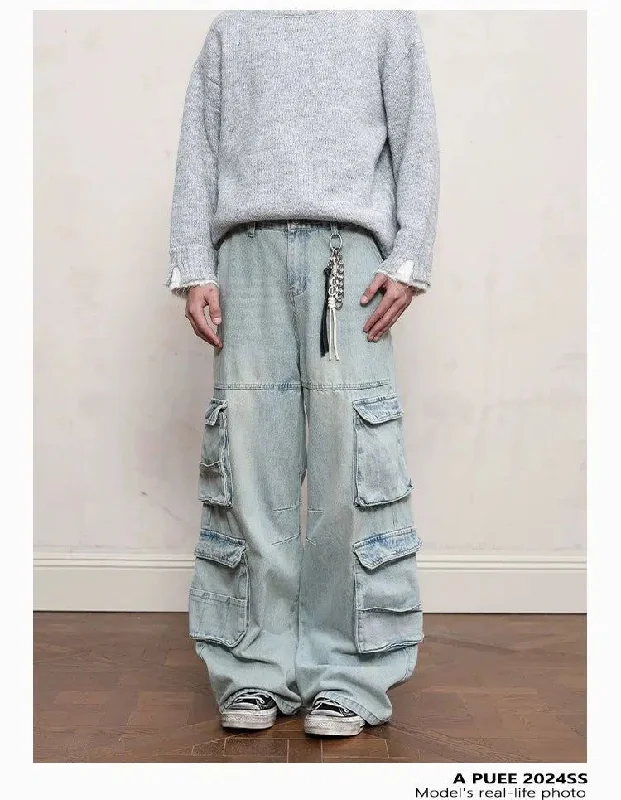 Final Clearance Light Wash Functional Cargo Jeans
