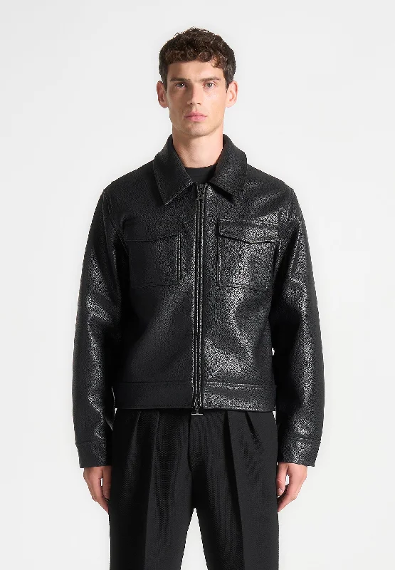 Amazing Deals Grained Leather Jacket - Black