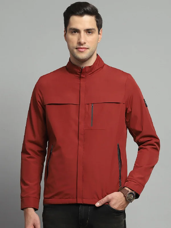 New Arrival Men Red Solid Mock Neck Full Sleeve Reversible Jacket