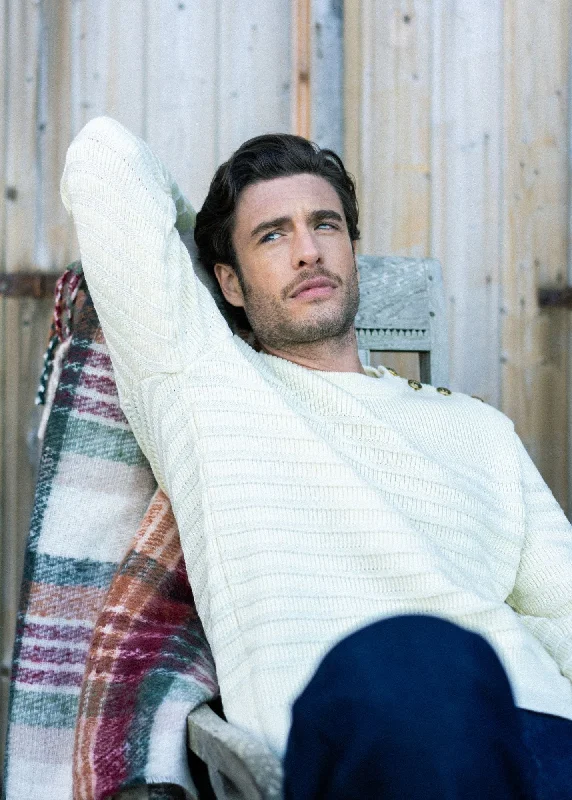 Special Offer BINIC CAP - Striped Breton Sweater for Men | Tone-on-Tone Stripes  | Soft Wool (IVORY)