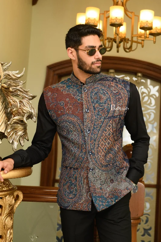 Final Sale Pashtush Mens Woven Jacquard Structured Waistcoat, Slim Fit, Navy Blue