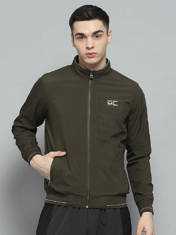Price Break Men Olive Solid Mock Neck Full Sleeve Jacket