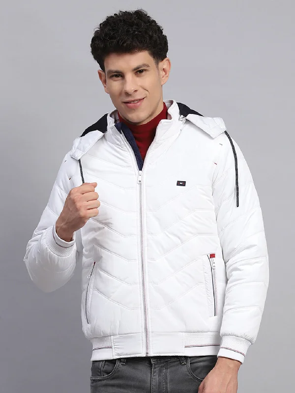 Stock Clearance Men White Solid Detachable Hood Full Sleeve Jacket