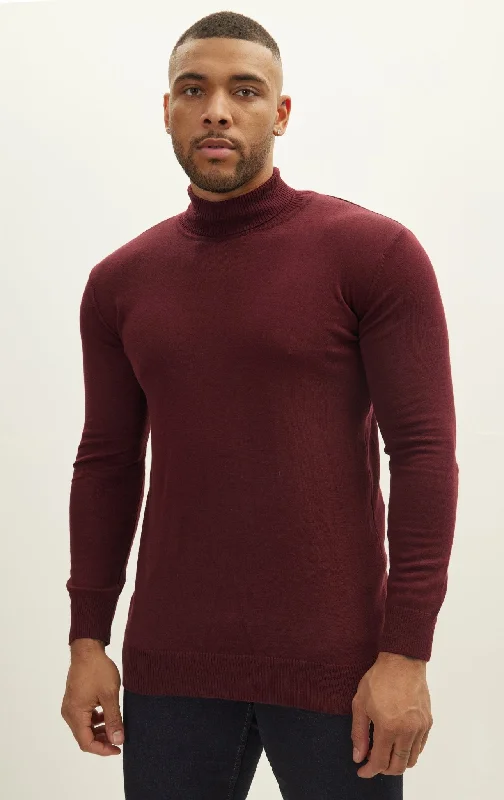 Super Bargain Roll Neck Knit Sweater - Burgundy