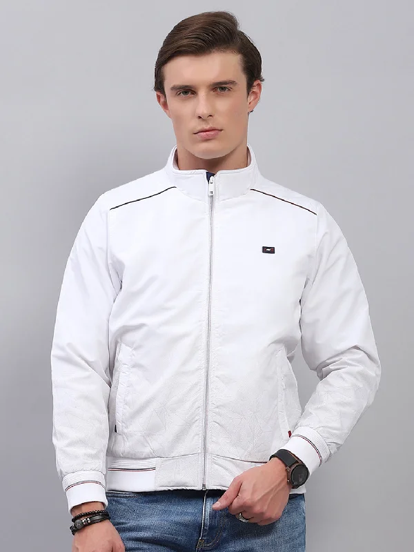 Unwind with Weekend Discounts Men White Solid Mock Neck Full Sleeve Jacket