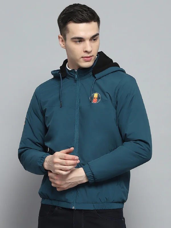 Stock Clearance Men Teal Blue Solid Detachable Hood Full Sleeve Jacket