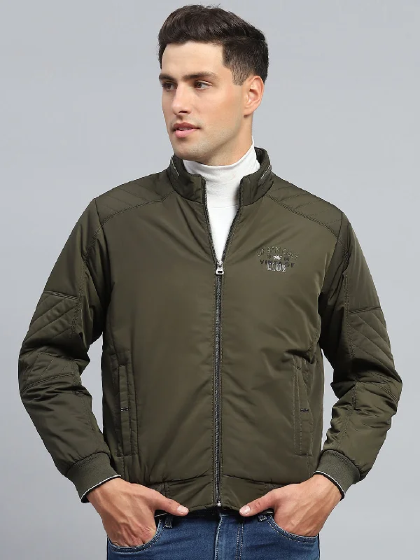 Friends and Family Sale Men Olive Solid Mock Neck Full Sleeve Jacket