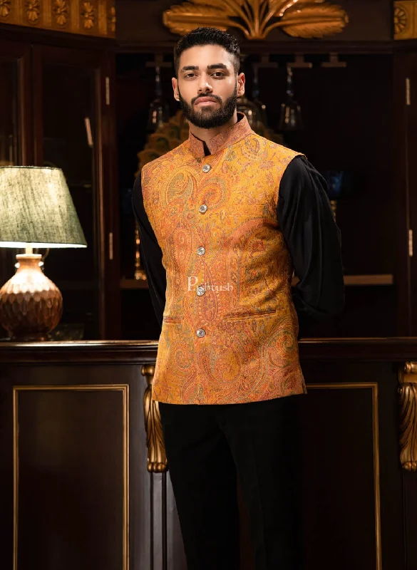 Limited Time PASHTUSH MENS WOVEN JACQUARD WAISTCOAT, Structured SLIM FIT, Mustard