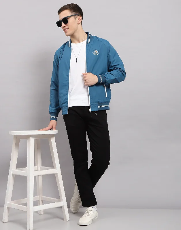 Sale Alert Men Blue Solid Mock Neck Full Sleeve Jacket