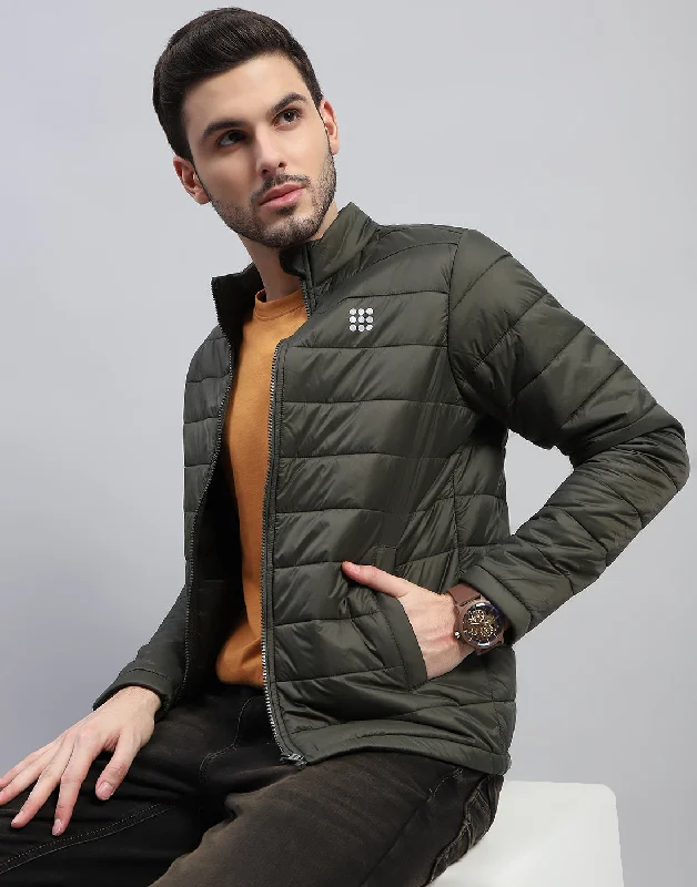 Must-Have Deals Men Olive Solid Band Collar Full Sleeve Jacket