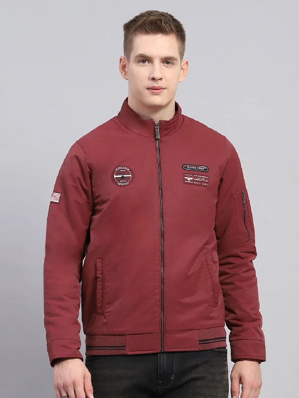 Discount Mania Men Maroon Solid Mock Neck Full Sleeve Jacket