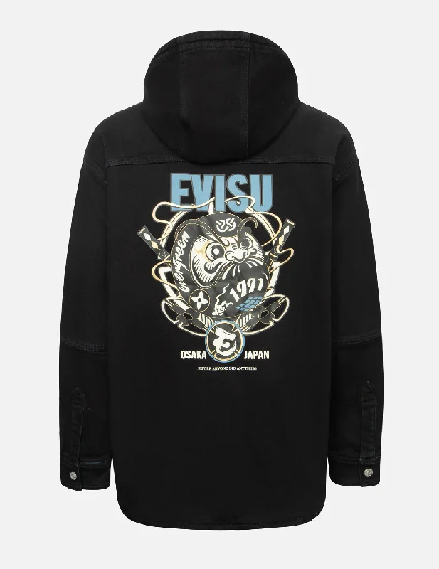 Limited Edition Ninja Daruma and Logo Print Regular Fit Hooded Denim Shirt Jacket