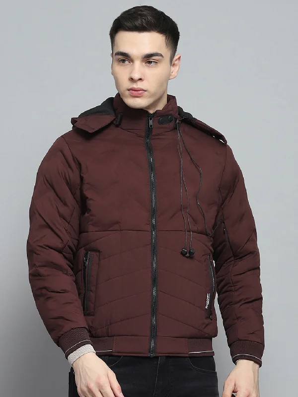 Big Deal Men Maroon Solid Detachable Hood Full Sleeve Jacket