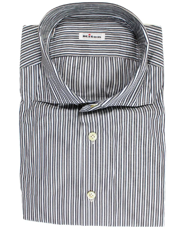 Super Sale Kiton Dress Shirt White Gray Stripes Spread Collar 45 - 18 SALE