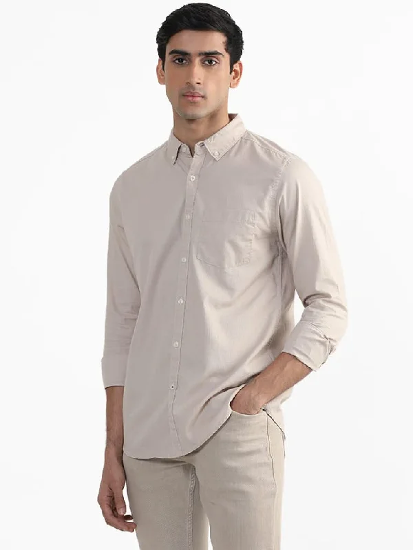 Clearance Event WES Casuals Plain Beige Cotton Slim-Fit Shirt