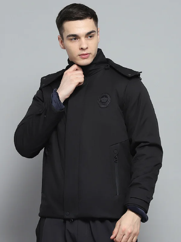 Final Clearance Men Black Solid Detachable Hood Full Sleeve Jacket