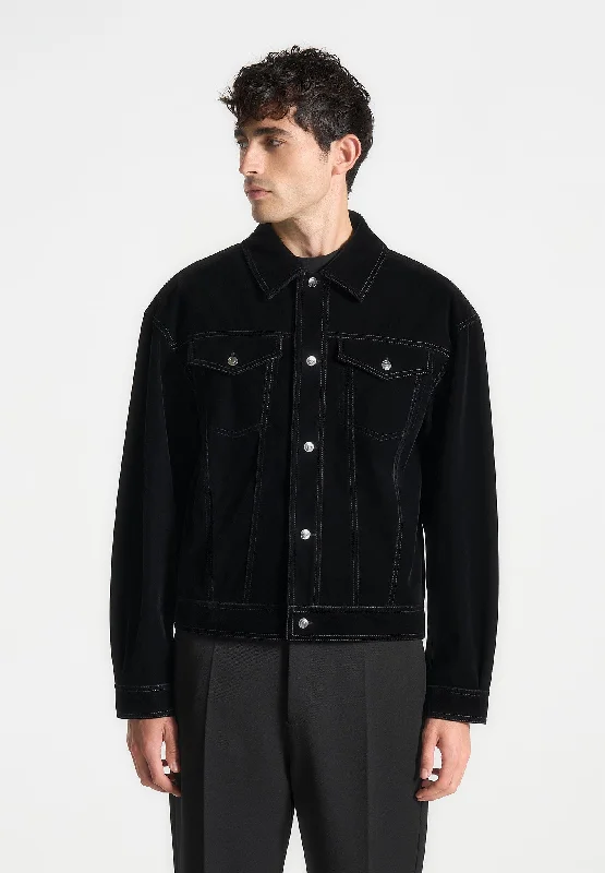 Overstock Clearance Velvet Contrast Stitch Trucker Jacket - Black