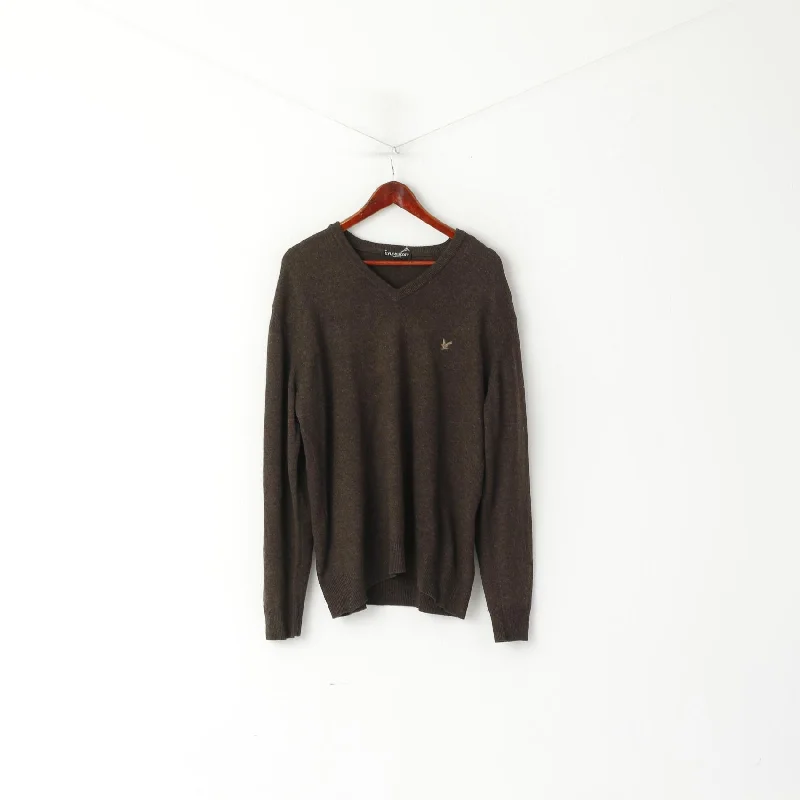 Super Sale Lyle & Scott Heritage Men L Jumper Brown New Wool V Neck Classic Sweater
