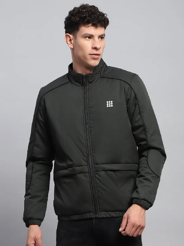 Act Now Men Olive Solid Mock Neck Full Sleeve Jacket