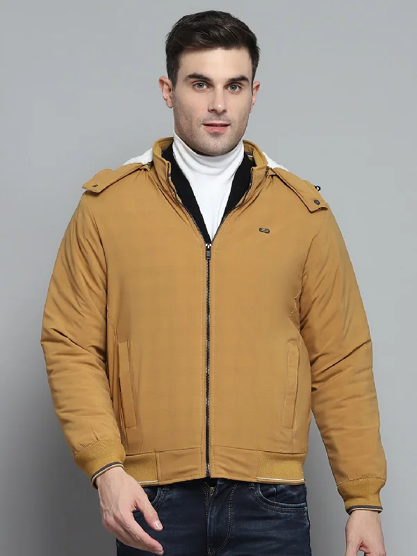 Sale Event Men Mustard Solid Detachable Hood Full Sleeve Jacket